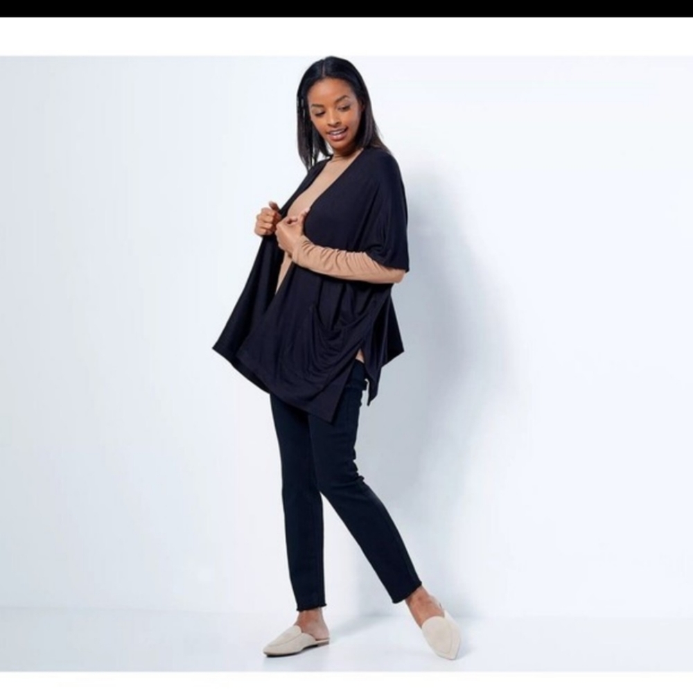 Susan Graver Cardigan Jersey Knit Draped With Pockets Black M